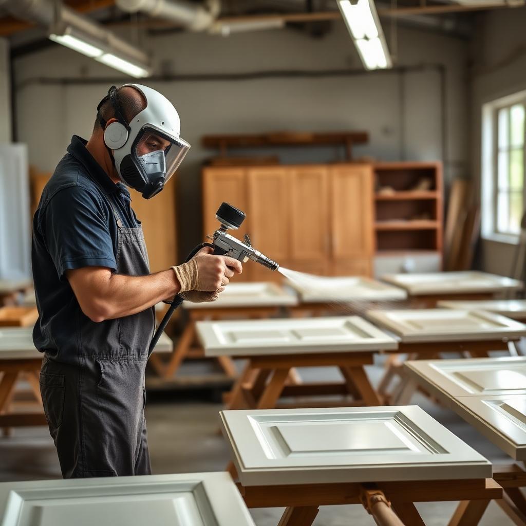 Professional cabinet painter spraying white cabinet doors in the B&B Cabinet Coatings shop