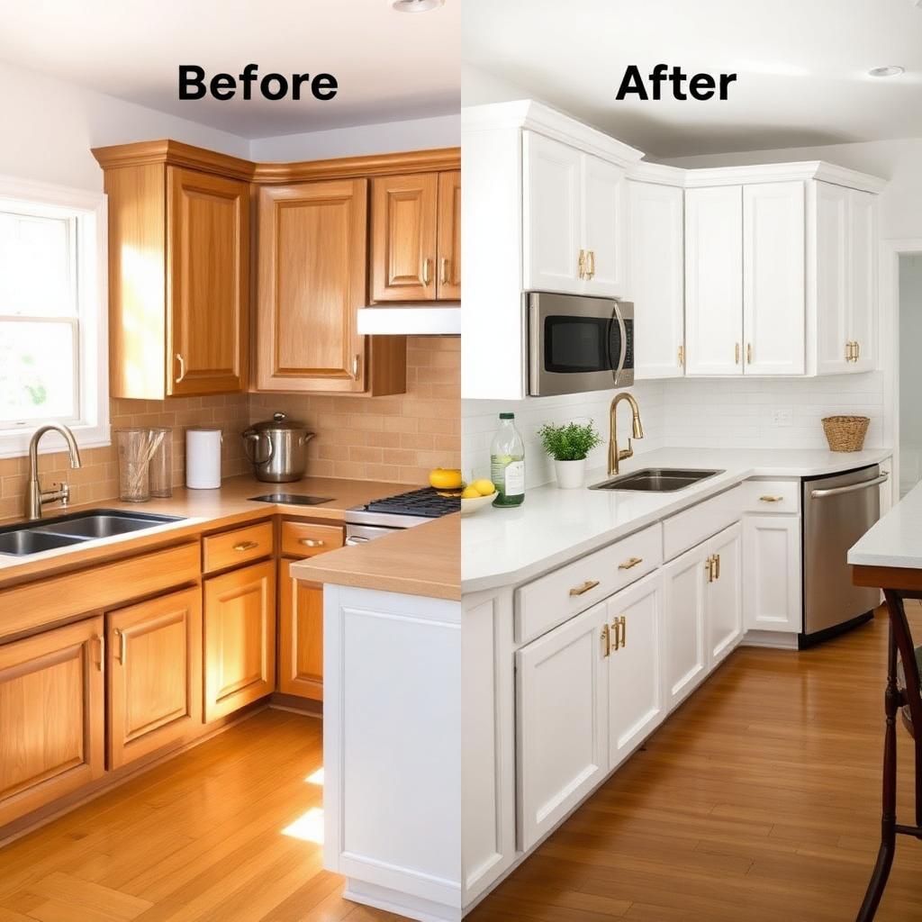 Before and after of a Kentucky kitchen: dated oak cabinets vs freshly painted white cabinets