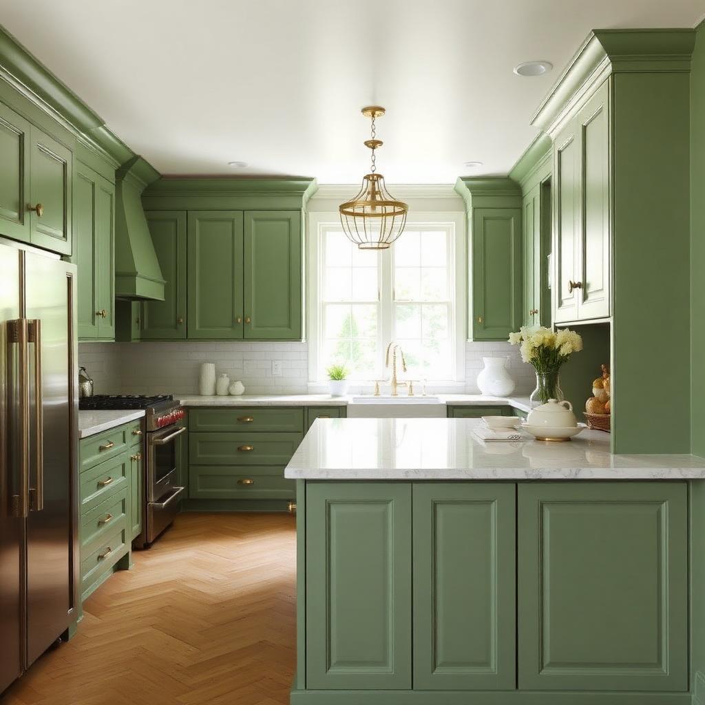 Sage green painted kitchen cabinets with brass hardware in a Lexington KY home