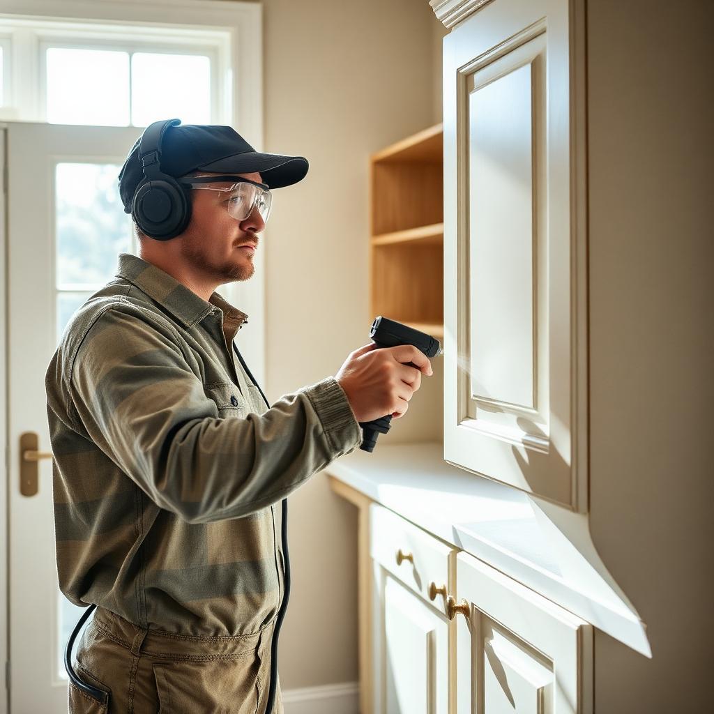 Local Lexington KY cabinet refinishing specialist spraying a white cabinet door